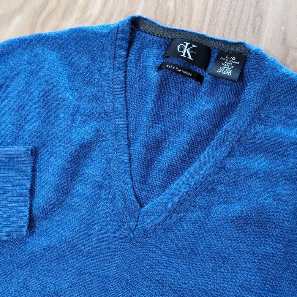 Calvin Klein Merino Wool Sweater‎ Adult L Blue Lightweight 100% Extra Fine Blue